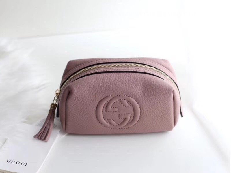 Gucci Real Leather Soho Tassel GG Cosmetic Makeup Bag Pink Clutch 308636